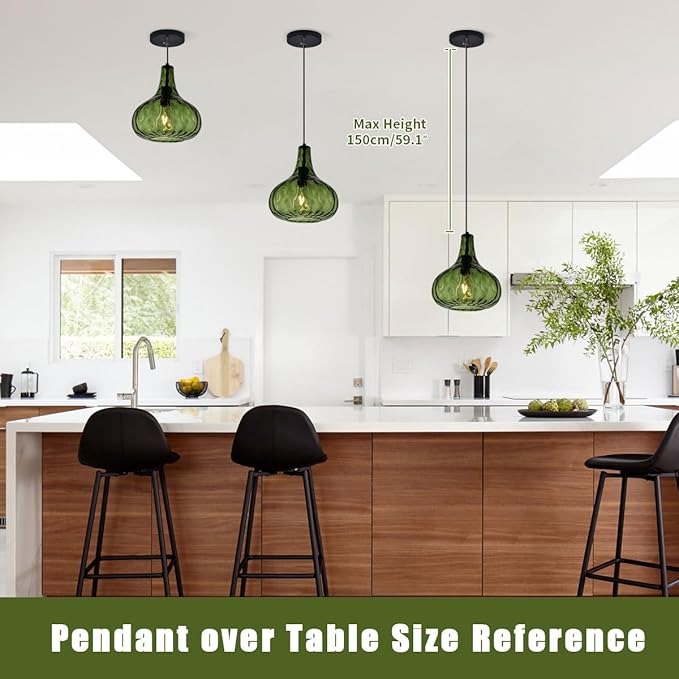 Vintage Pendant Lights Green Glass Hanging Lights Mid-Century Modern Pendant Light Fixtures Black Finish 9.45″ Globe Hammered Shade Adjustable Pendant Lighting Kitchen Sink Farmhouse