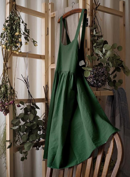 Uaussi Cotton Linen Apron Cross Back Work Apron for Women with Pockets Pinafore Dress X Cross Halter Apron for Chef Gardening