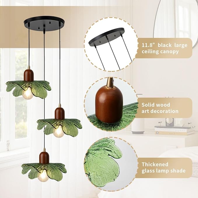 Art Deco Chandelier 3-Light Green Glass Pendant with Walnut Wood Base, Black Vintage Design, Adjustable Height Hanging Lamp for Dining Table, Living Room, Mid Century Inspired Lighting