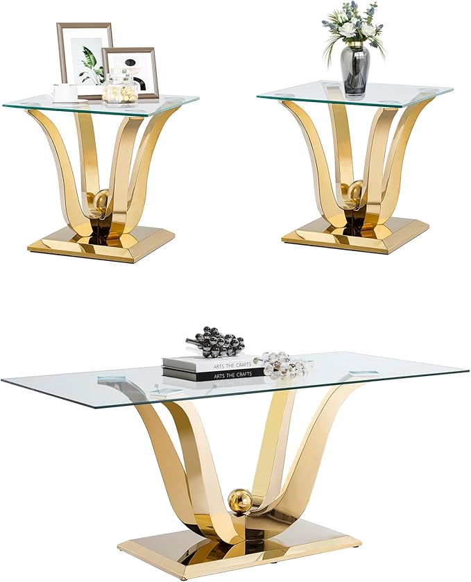 Henf Luxury Glass Coffee Table Set of 3 Piece Gold Living Room Table Set of 3 Including Coffee and End Tables Set,Gorgeous Stainless Steel Frame, Clear Glass Top for Living Room Home Office Apartment