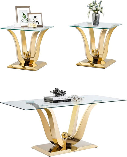 Henf Luxury Glass Coffee Table Set of 3 Piece Gold Living Room Table Set of 3 Including Coffee and End Tables Set,Gorgeous Stainless Steel Frame, Clear Glass Top for Living Room Home Office Apartment