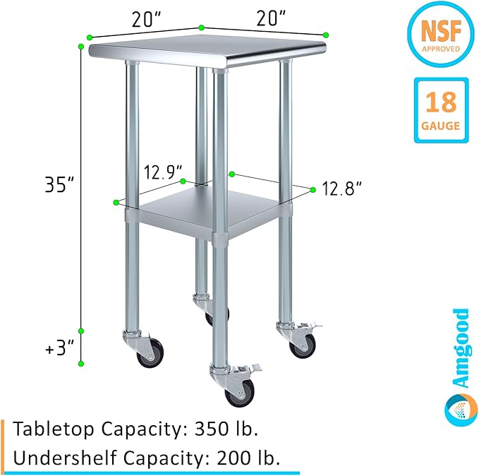 Stainless Steel Work Table with Wheels | NSF Kitchen Island Food Prep | Laundry Garage Utility Bench (Table + Wheels, 20" Long x 20" Deep)