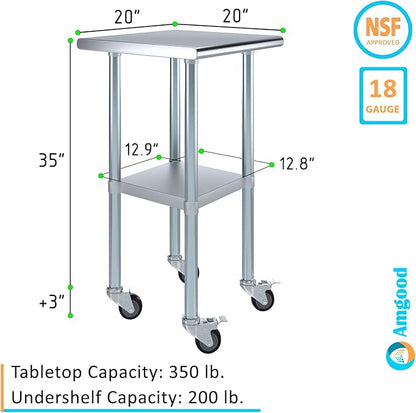 Stainless Steel Work Table with Wheels | NSF Kitchen Island Food Prep | Laundry Garage Utility Bench (Table + Wheels, 20" Long x 20" Deep)