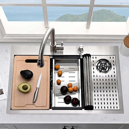 Stainless Steel Kitchen Sink with Cup Washer-Hovheir 31x20 Drop In Top Mount Kitchen Sink Workstation 16 Gauge Stainless Steel Single Bowl Deep Sinks Over Mount Sinks with Glass Rinser, Cutting board