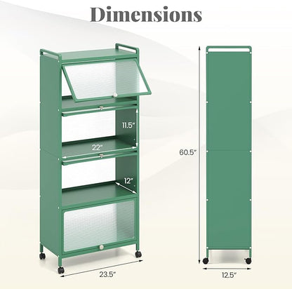 Giantex 5-Tier Kitchen Storage Cabinet, Mobile Microwave Stand with Flip-up PC Doors, Freestanding Kitchen Bakers Rack with 4 Rolling Casters, for Dining Room, Living Room and Study, Green