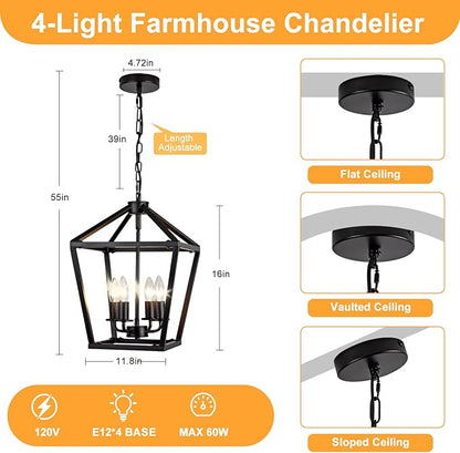 4-Light Black Pendant Lights Kitchen Island, 12 Inch Farmhouse Pendant Light, Adjustable Height Iron Lantern Black Pendant Light Fixtures, Cage Farmhouse Chandelier Island Lights for Kitchen Foyer