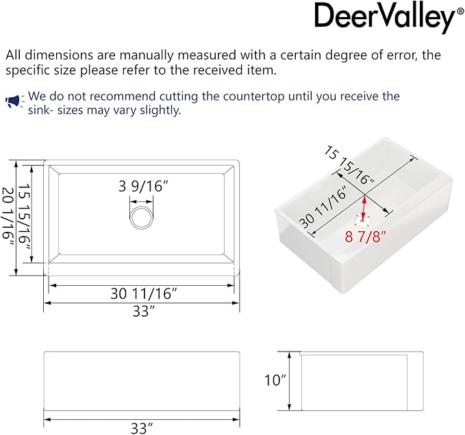 DeerValley 33" L x 20" W White Farmhouse Kitchen Sink Fireclay Apron Front Undermount Farm Sink Single Bowl Pure White Farmer Sink Large Capacity Deep Kitchen Sink with Accessories