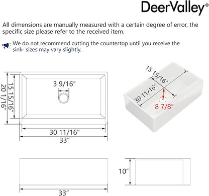 DeerValley 33" L x 20" W White Farmhouse Kitchen Sink Fireclay Apron Front Undermount Farm Sink Single Bowl Pure White Farmer Sink Large Capacity Deep Kitchen Sink with Accessories