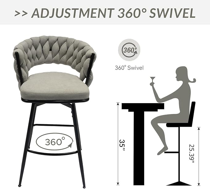 28" Technical Leather Woven Bar Stool Set of 2,Black Legs Barstools No Adjustable Kitchen Island Chairs,360 Swivel Bar Stools
