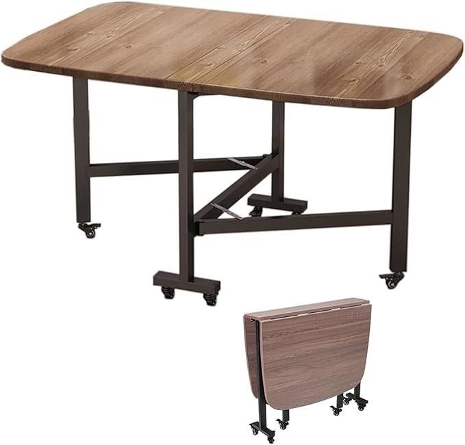 Folding Dining Room Table for 4/8 with 47.2in Extra Wide Space Saving Drop Leaf Table with Lockable Wheels, Heavy Duty Eco Solid Wood Top 220lb, Solid Wooden Foldable Kitchen Table, Easy Assembly(Waln
