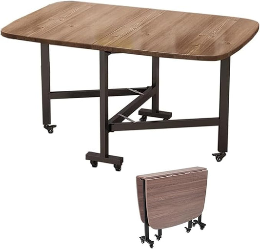 Folding Dining Room Table for 4/8 with 47.2in Extra Wide Space Saving Drop Leaf Table with Lockable Wheels, Heavy Duty Eco Solid Wood Top 220lb, Solid Wooden Foldable Kitchen Table, Easy Assembly(Waln