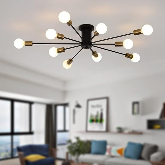 Garwarm Modern Sputnik Ceiling Light, 10-Light Mid Century Sputnik Chandelier Industrial Semi Flush Mount Ceiling Light Fixture for Living Room Kitchen Bedroom Farmhouse Dining Room(Black+Gold)
