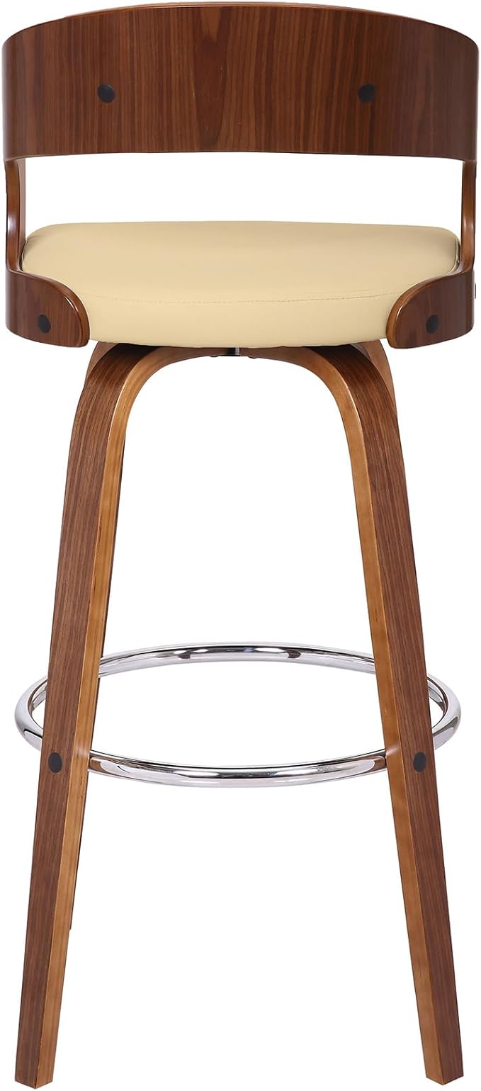 Armen Living Shelly 30" Bar Height Swivel Cream Faux Leather and Walnut Wood Bar Stool - Set of 4