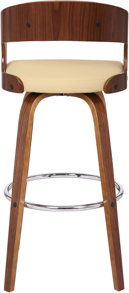 Armen Living Shelly 30" Bar Height Swivel Cream Faux Leather and Walnut Wood Bar Stool - Set of 4