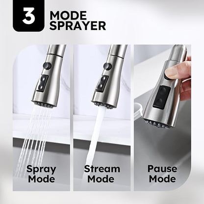 Arofa Kitchen Faucet with Soap Dispenser, Stainless Steel Kitchen Sink Faucet with Pull Down Sprayer 3 Mode Single Handle Gooseneck Pull Out Kitchen Faucet for 2/4 Hole, Brushed Nickel