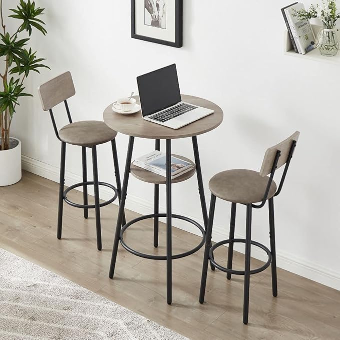 Bar Table Set for 2 with 2 PU Upholstered Stools, Pub Bistro Dinning Table and Stools with Backrest, Counter Height Bar Table Set for Apartment, Kitchen, Small Space