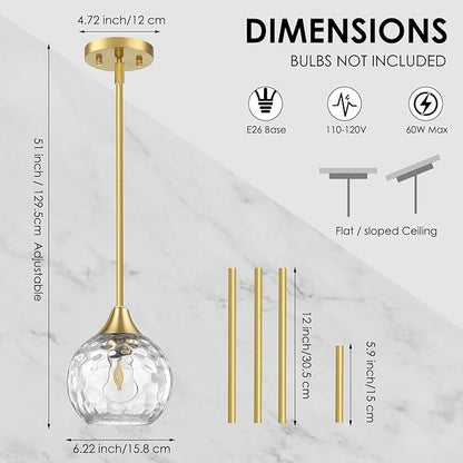 Pendant Lights Kitchen Island 3 Pack,Pendant Light Fixtures with Hammered Glass Shade,Adjustable-Height Island Lights for Kitchen with Detachable Rod,E26 Base Kitchen Pendant Lighting Over Island/Bar