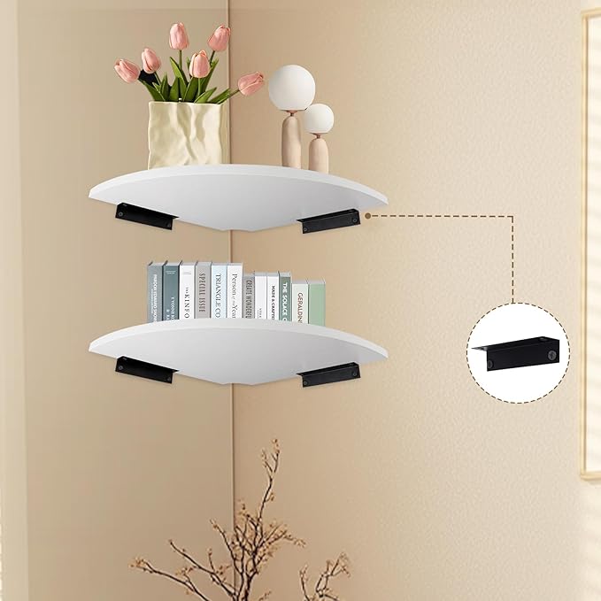 JJL Corner Shelf, 12-Inch Sector Wall Shelf, Set of 4 Wooden Hanging Corner Shelves with Wire Hole for Bedroom Corner Decoration, White