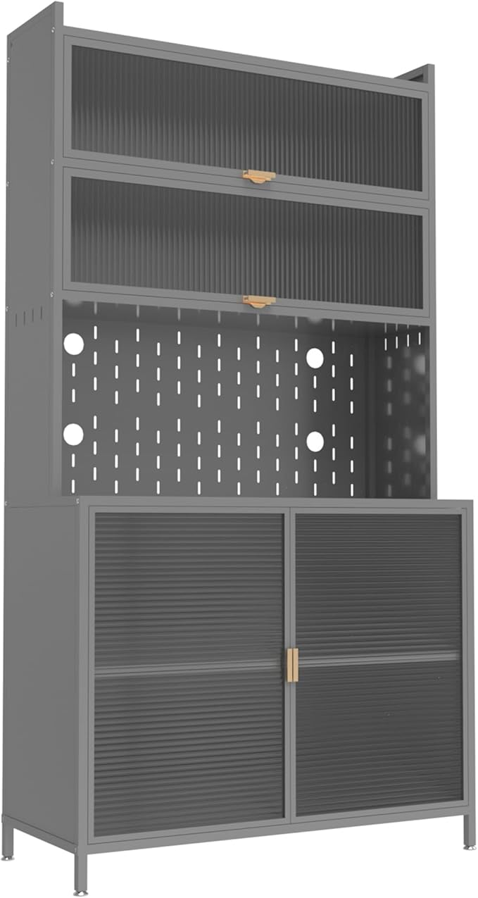 73" Pantry Cabinet,Metal Pantry Storage Cabinet，White Kitchen Hutch with Microwave Shelf & 6 Acrylic Panels Door Adjustable Shelves,Anti-Tip Design Hutch for Dining Room, Living Room