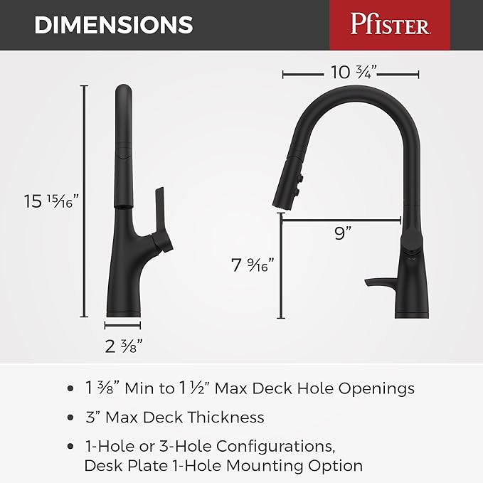 Pfister Ceylon Kitchen Faucet with Pull Down Sprayer and Soap Dispenser, Single Handle, High Arc Spout, Matte Black Finish, NSF Certified, 1-Hole Installation F5297CLOSDB