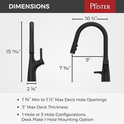 Pfister Ceylon Kitchen Faucet with Pull Down Sprayer and Soap Dispenser, Single Handle, High Arc Spout, Matte Black Finish, NSF Certified, 1-Hole Installation F5297CLOSDB
