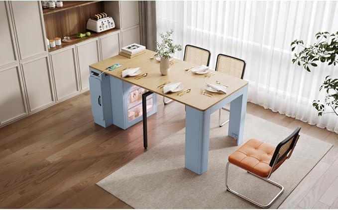 Extendable Dining Table with 3 Removable Middle Leaves, Mobile Rolling Island Table with Power Outlet, Saving-Space Cabinet with Storage for Dining Room and Living Room (Grey Blue and Natural)