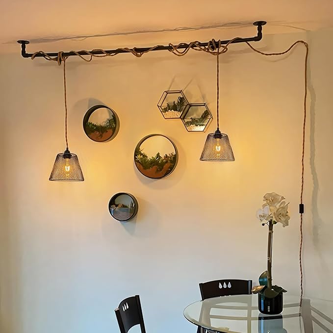 2-Light Plug in Pendant Light with Black Metal Cage Lampshade Ø20cm, E26/E27 Hemp Rope Vintage Hanging Lights Kit with Plug in Cord 19.68ft for Dining Room Living Room, No Bulb