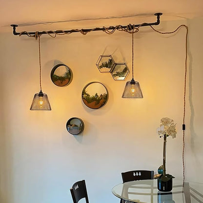 2-Light Plug in Pendant Light with Black Metal Cage Lampshade Ø20cm, E26/E27 Hemp Rope Vintage Hanging Lights Kit with Plug in Cord 19.68ft for Dining Room Living Room, No Bulb