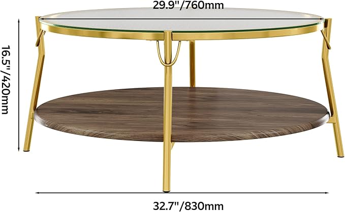 Modern Round Walnut 2-Tiered Coffee Table with Glass Top and Gold Base for Living Room, 29.9"