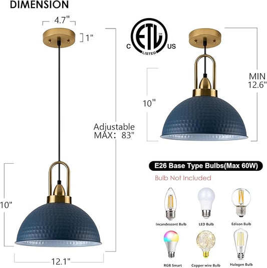Blue Pendant Lights Kitchen Island Industrial Adjustable Height Vintage Dome Hanging Light Fixtures for Barn, Dining Room 2 Packs