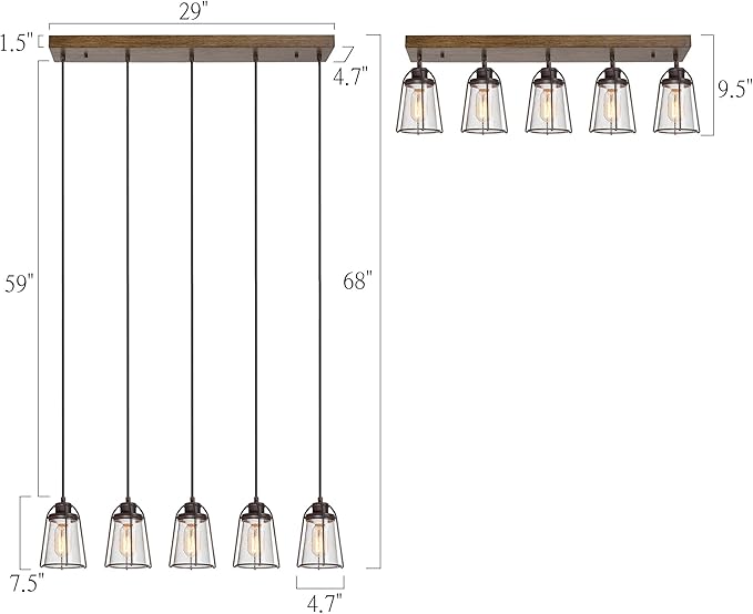KSANA 5-Light Kitchen Island Lighting, Farmhouse Linear Chandelier with Seeded Glass Shade, Rustic Faux Wood Dining Room Light Fixture Over Table