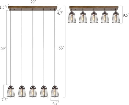 KSANA 5-Light Kitchen Island Lighting, Farmhouse Linear Chandelier with Seeded Glass Shade, Rustic Faux Wood Dining Room Light Fixture Over Table