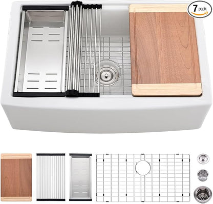 33 Inch White Farmhouse Sink Workstation-VASOYO 33 x 21 Apron Front Farm Sink White Fireclay Farmhouse Kitchen Sinks Workstation Single Bowl Deep Kitchen Sinks Undermount with Cutting Board
