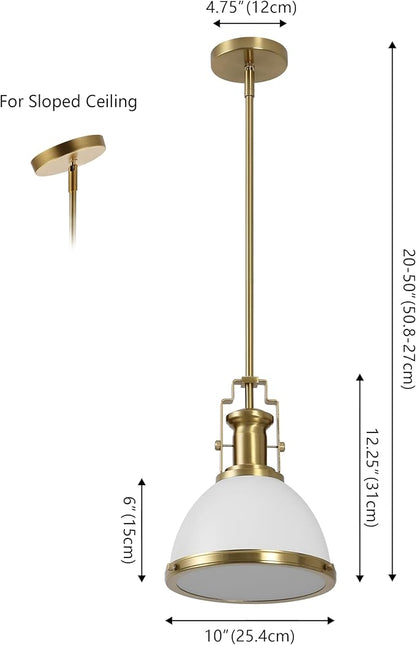 JONATHAN Y 10" Brass Gold/White Modern Industrial Iron LED Dome Pendant Light, Adjustable Hanging Fixture for Kitchen Island or Entryway, Black Metal Shade, LED Bulb Included (JYL9535D)