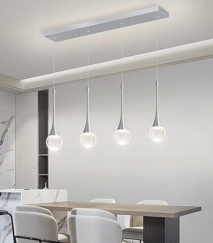 Rectangular Crystal Pendant Light for Kitchen Island 4 Light Dimmable Crystal Chandelier Lighting Fixtures with Remote for Dining Room Living Room Silver