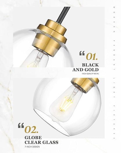 Pendant Lights Kitchen Island 2 Pack, 7" Black and Gold Hanging Lights Fixtures with Clear Glass Globe Shade, Modern Kitchen Island Lighting for Bathroom, AD-22280-1P2-KG
