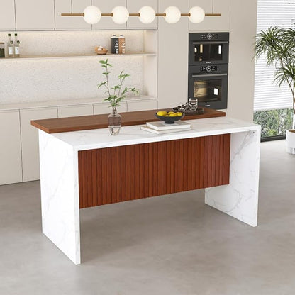 63 Inch Kitchen Island with 4 Deep Brown Bar Stools – White Marble Countertop, Integrated LED Lighting & Grille Design, Multi-Functional Breakfast Bar for Dining Rooms, (White Island)