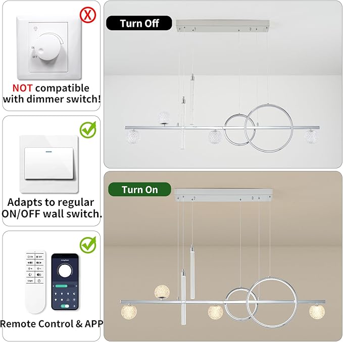 ORANOOR Modern LED Pendant Lights, Dimmable 47in Silver LED Chandelier Lighting, Upgraded Chrome Linear Dining Room Hanging Light Fixtures Kitchen Island Globe Pendant Light for Dining Table (4200lm)