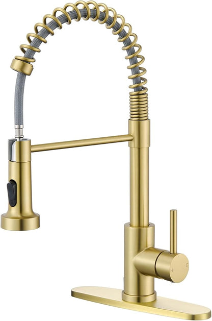 Kitchen Faucet with Pull Down Sprayer, Brushed Gold High Arc Single Handle Spring Pull Out Stainless Steel Faucet for Kitchen Sink, 2 Mode Utility Ideal for Laundry Camper Bar RV Room