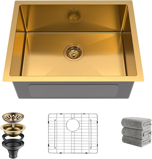 Gold Kitchen Sink 23x18 Inch Undermount Kitchen Sink 16 Gauge Stainless Steel Single Bowl with Accessories Round Corners Handmade
