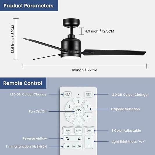 48 Inch Ceiling Fans with Lights Remote for Bedroom Living Room Kitchen Office, Indoor or Covered Outdoor, 3CCT Dimmable, Noiseless, 3 Blades, 6 Speed Reversible Quiet DC Motor, Black/Wood Grain