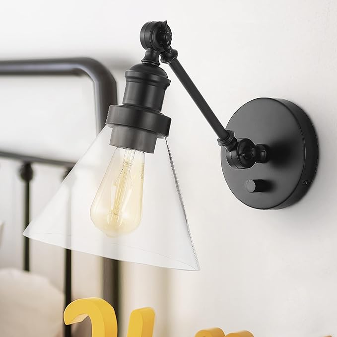 JONATHAN Y 8" Oil Rubbed Bronze Adjustable LED Wall Sconce, Plug-in Wall Lamp with Dimmer Switch, Clear Glass Shade for Bedroom Living Room Kitchen, LED Bulb Included JYL7575A