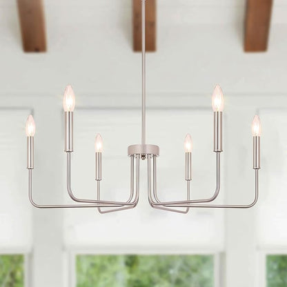 6-Light Farmhouse Chandelier for Dining Room Lighting Fixtures Hanging, Brushed Nickel Candle Chandelier, Rustic Industrial Modern Chandelier for Living Room, Bedroom, Foyer, Kitchen