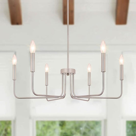 6-Light Farmhouse Chandelier for Dining Room Lighting Fixtures Hanging, Brushed Nickel Candle Chandelier, Rustic Industrial Modern Chandelier for Living Room, Bedroom, Foyer, Kitchen