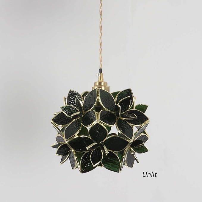 Bieye L11039 Petals Tiffany Style Stained Glass Ceiling Pendant Light for Home Decoration (Textured Deep Green, 8" Rose Lily)