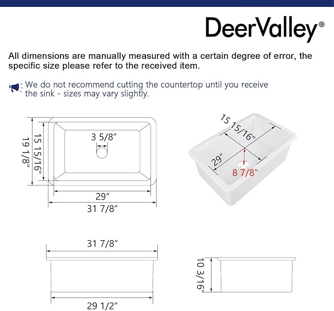 DeerValley Undermount Kitchen Sink 32 inch, White Fireclay Farmhouse Sinks, Single Bowl Deep Drop-in Kitchen Sink with Bottom Grid & Strainer, Heavy Duty Solid Fireclay