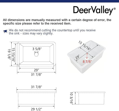 DeerValley Undermount Kitchen Sink 32 inch, White Fireclay Farmhouse Sinks, Single Bowl Deep Drop-in Kitchen Sink with Bottom Grid & Strainer, Heavy Duty Solid Fireclay