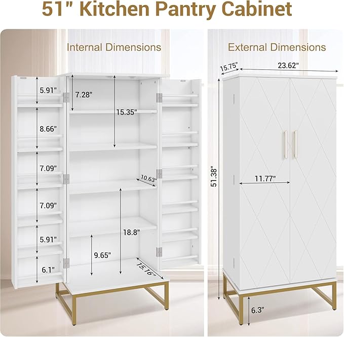 kepptory 51” Kitchen Pantry Storage Cabinet, White Freestanding Pantry Cabinets with Doors and Adjustable Shelves, Buffet Cupboards Storage Cabinet for Home Office Use, Dinning Room(White + Gold)