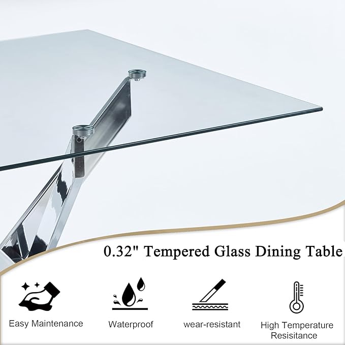 Square Dining Table for 4, 36 Inch Glass Kitchen Table with Silver X Metal Legs, Modern Tempered Glass Dinner Room Table for Small Space Dining Room Kitchen Restaurant