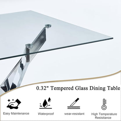Square Dining Table for 4, 36 Inch Glass Kitchen Table with Silver X Metal Legs, Modern Tempered Glass Dinner Room Table for Small Space Dining Room Kitchen Restaurant